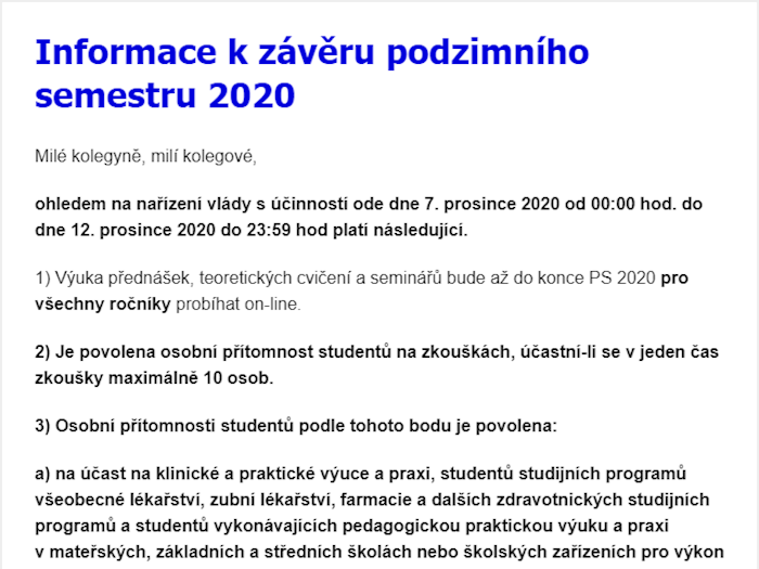Informace k závěru podzimního semestru 2020 platné od 7.12.2020
