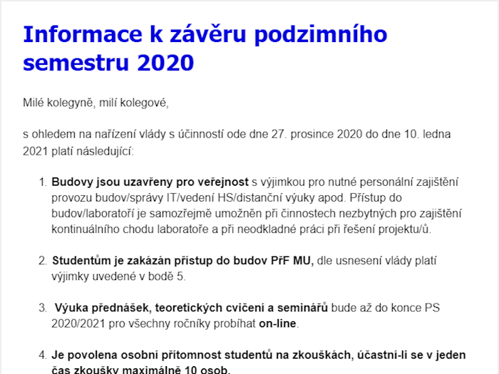 Informace k závěru podzimního semestru 2020 platné od 27.12.2020