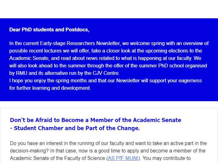 Newsletter for PhD students and Postdocs of the Faculty of Science MU 04/2023
